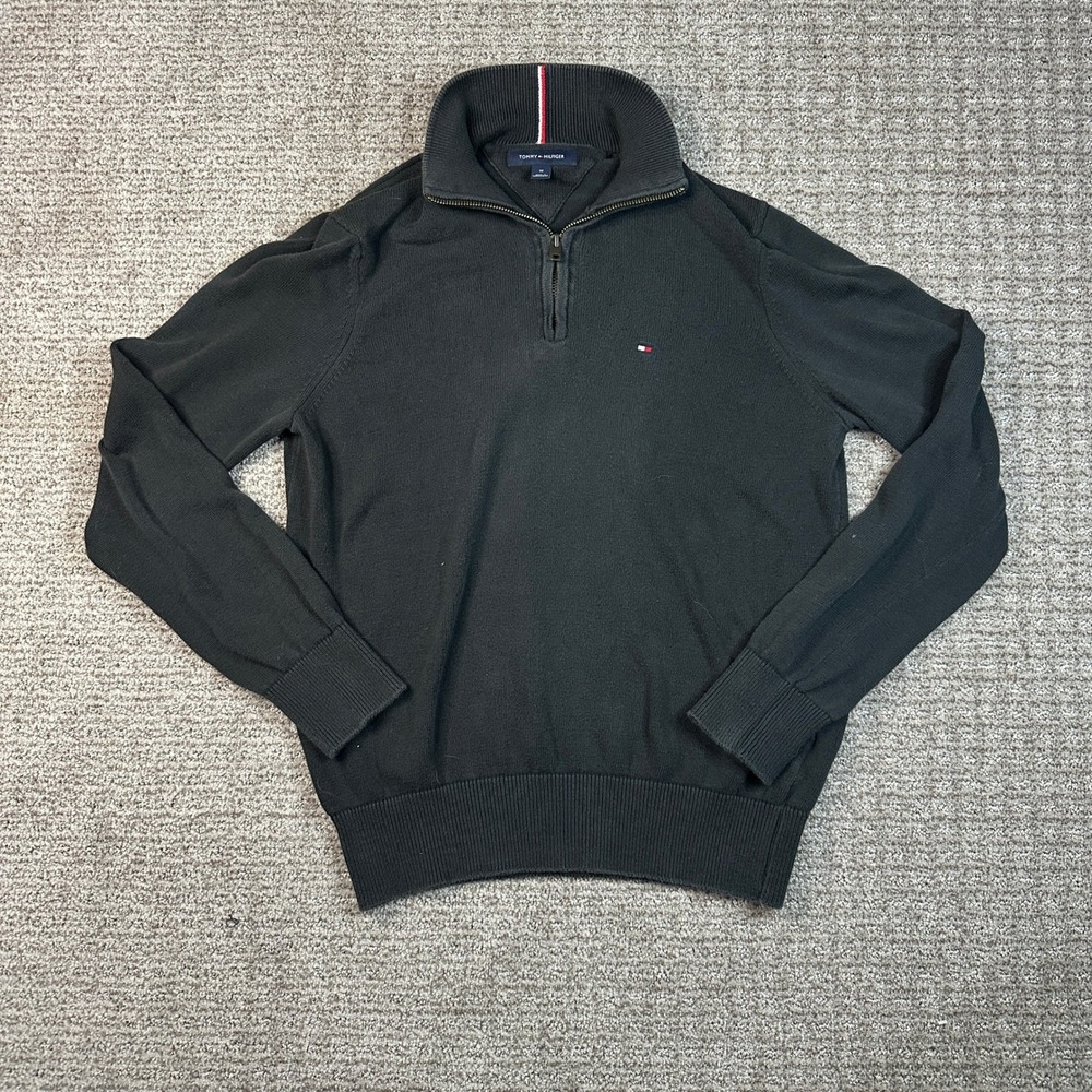 Tommy Hilfiger Mens Black Quarter Zip Pullover Sweater Size M Flag Logo Knit